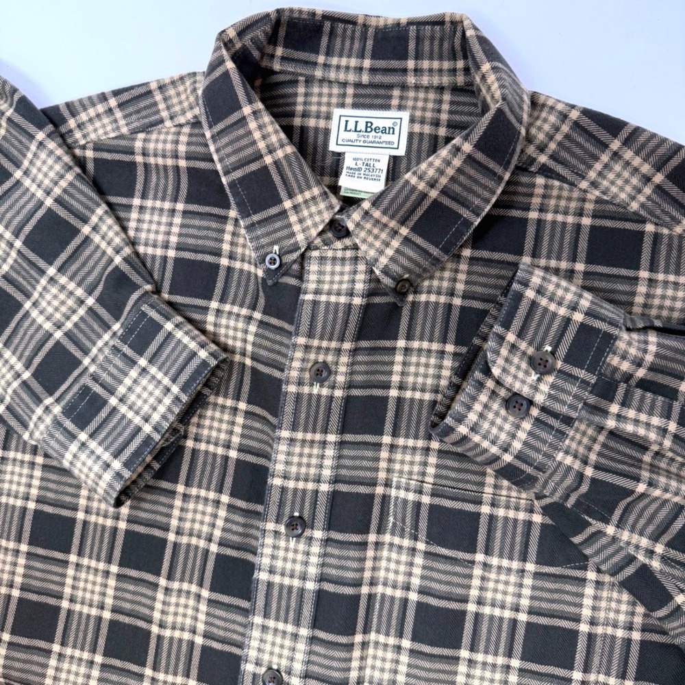 LL Bean Mens Large Tall Plaid Flannel Shirt Brown‎ Black Cotton Button Down